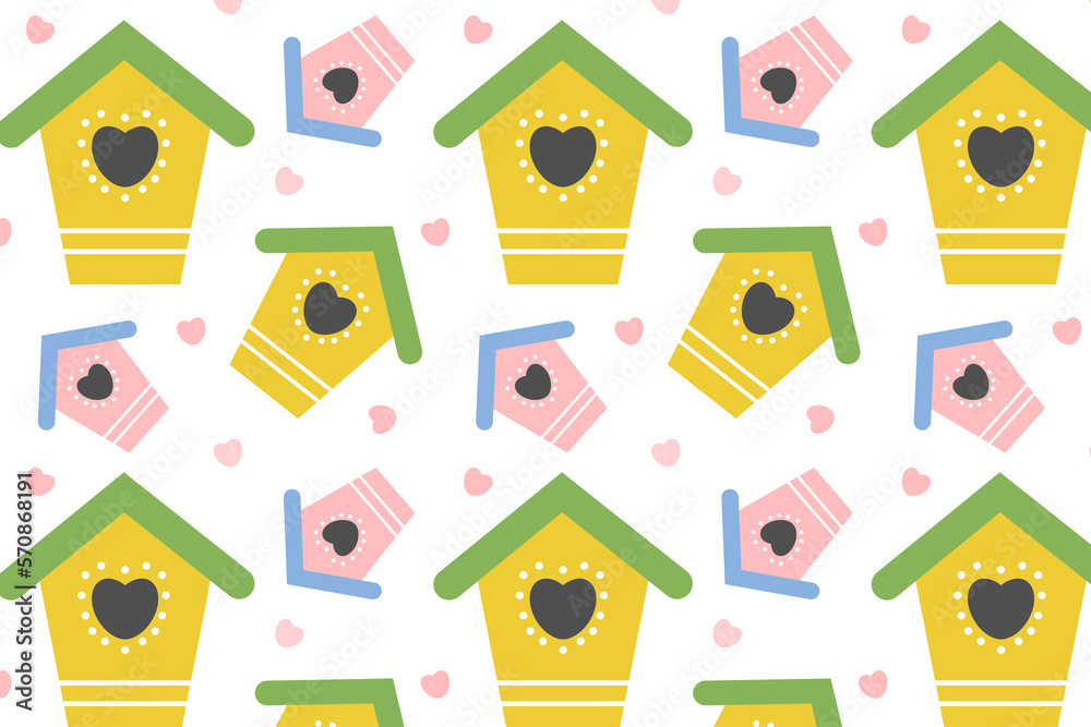 Obraz premium Seamless pattern with colorful birdhouses. Bird Day, Nature protection. Crafts made of wood. Cute backdrop for wallpaper, print, textile, fabric, paper, wrapping. Vector flat cartoon illustration