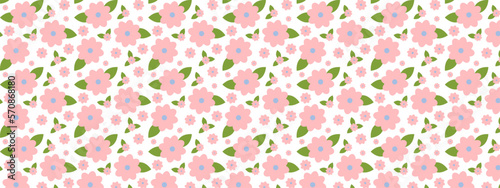 Seamless spring pattern with cute flowers and leaves. Botanical ornament with minimalistic elements in trendy color. Nature background for fabric, textiles, paper. Vector flat cartoon illustration