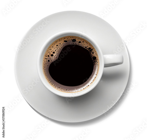 white cup and saucer with coffee, isolated beverage design element, top view / flat lay