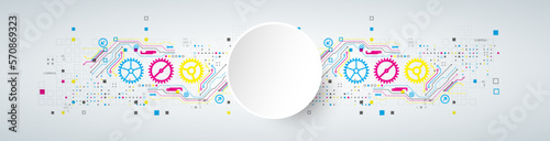 Abstract technological background with various elements. CMYK concept. Vector