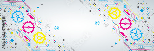 Abstract technological background with various elements. CMYK concept. Vector