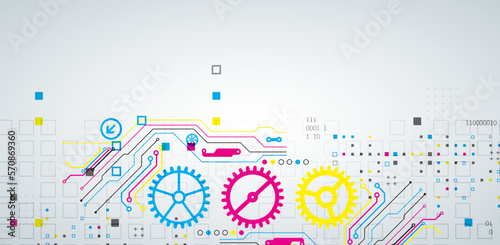 Abstract technological background with various elements. CMYK concept. Vector