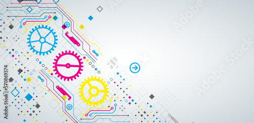 Abstract technological background with various elements. CMYK concept. Vector