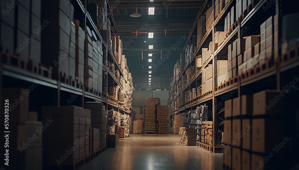 A sizeable clean warehouse with shelves and cardboard boxes. Generative AI.