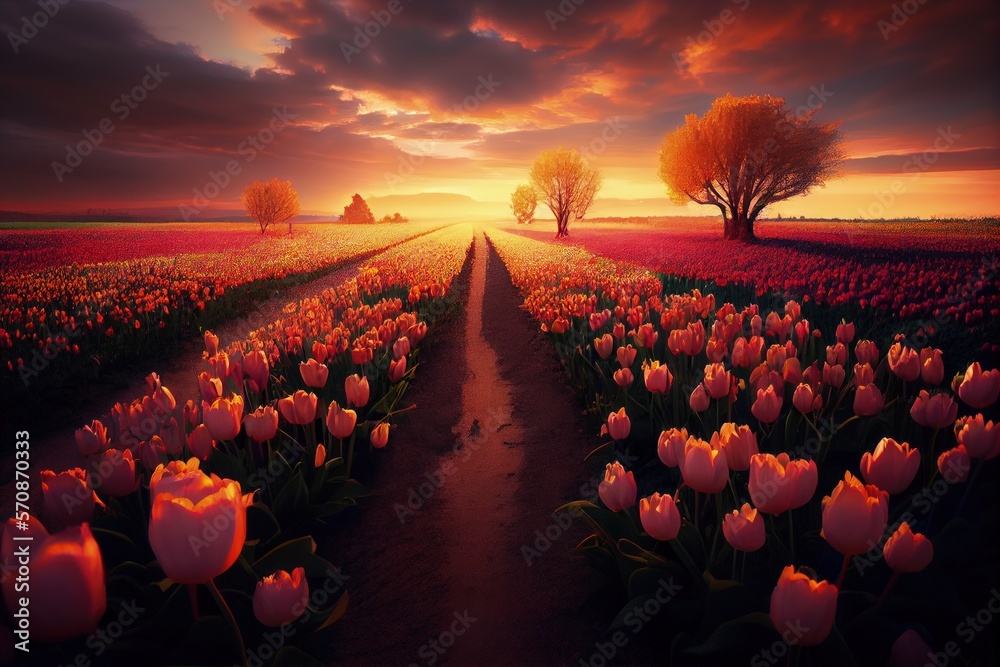 stunning scenery, a beautiful field of tulips that stretches to the horizon. Generative AI