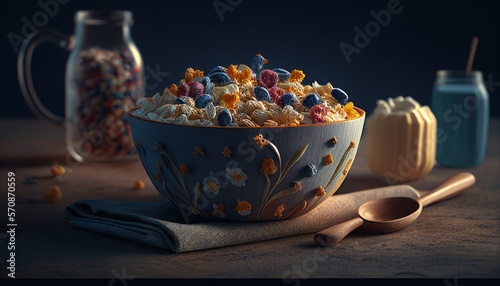 bowl of cereals, milk, and dried fruits. Generative AI.