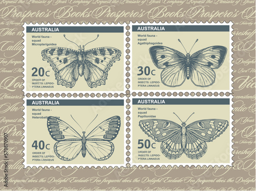 Postcard text Postcard. The universal postal Union. Postage stamps depicting butterflies flying. Insect moth realistic. Fauna Doodle. Australia. Engraving drawing. Vintage stock vector illustration