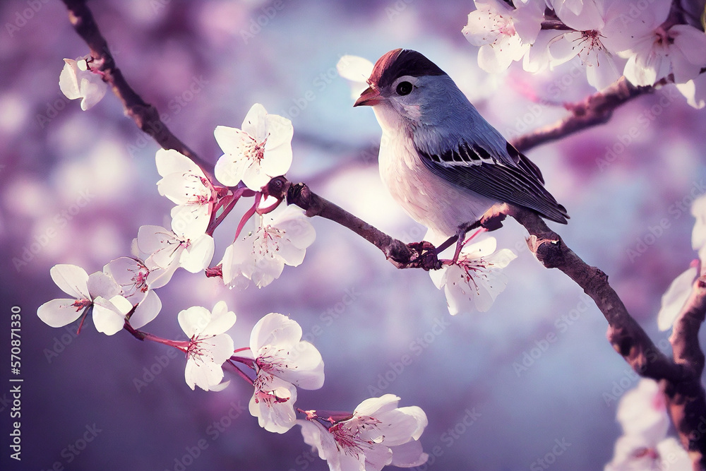 Fototapeta premium robin on branch in the spring, Generative AI Art Illustration 03