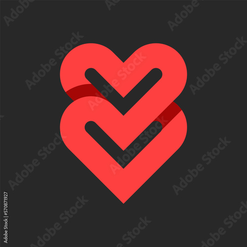 Two red hearts logo on a black background. Intertwined red ribbons in the shape of a pair of hearts for the Valentines Day logotype.