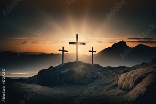 Fototapete Symbolbild für Jesus Kreuzigung mit 3 Kreuzen im Sonnenaufgang und Lichtstrahlen zum Karfreitag
