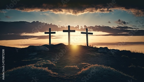 Foto Symbolic image for Jesus crucifixion with 3 crosses in the sunrise and rays of light for Good Friday