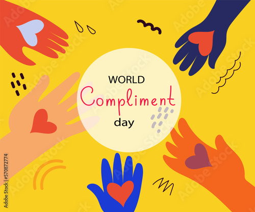People exchange positive emotions and messages, compliment day, celebrating Valentine's day poster modern flat vector illustration