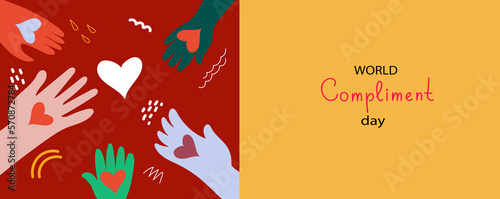 People exchange positive emotions and messages, compliment day, celebrating Valentine's day poster modern flat vector illustration