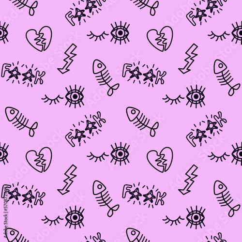 2000s emo girl kawaii style seamless pattern texture background with elements like fishbone, eye, broken heart, lightning Doodle design for textile graphics, wallpapers