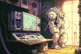 80's scifi anime environment, retro futuristic wallpaper with mech