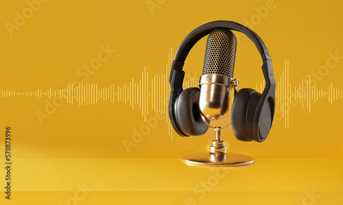 Gold microphone, black Headphones and sound wave on yellow background. 3D rendering.
