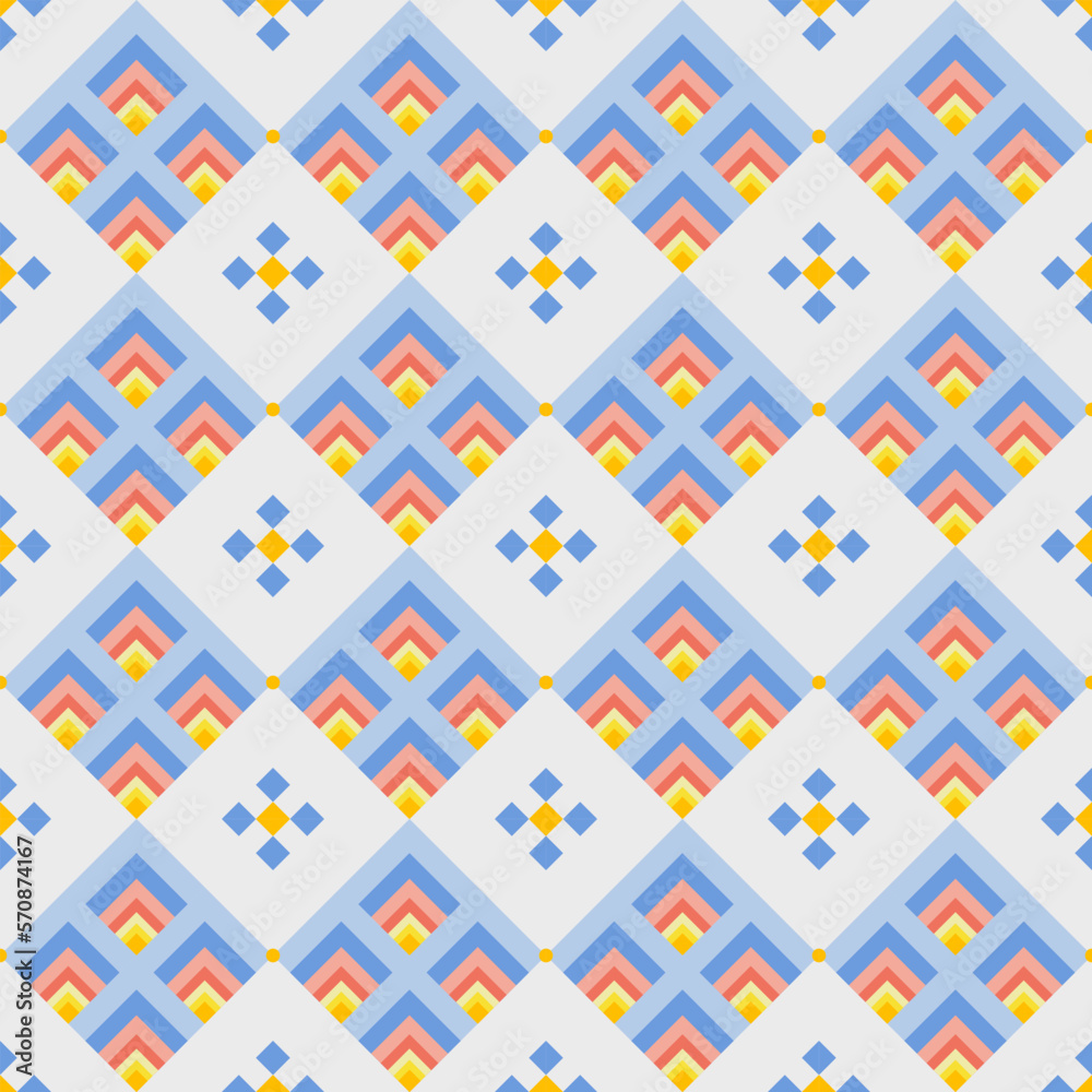 In this seamless pattern, colorful squares are used on a white tone background. Decorated with flowers in geometric shapes around it looks beautiful. In this seamless pattern, colorful squares are used on a white tone background. Decorated with flowers in geometric shapes around it looks beautiful.