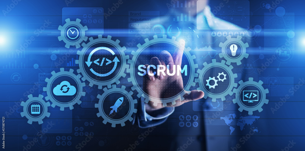 SCRUM, Agile development methodology, programming and application design technology concept on virtual screen. SCRUM, Agile development methodology, programming and application design technology concept on virtual screen.