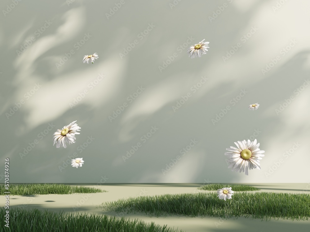 3d spring podium, display with daisies on light pastel background with shadow. Showcase for advertising products, cosmetics. Floral, summer, holiday banner for easter, wedding, mother's day, birthday. - obrazy, fototapety, plakaty 