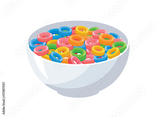 Colorful breakfast cereal sweet rings icon vector. Bowl of multicolor breakfast cornflakes cereal icon vector isolated on white background. Breakfast cereal for children illustration