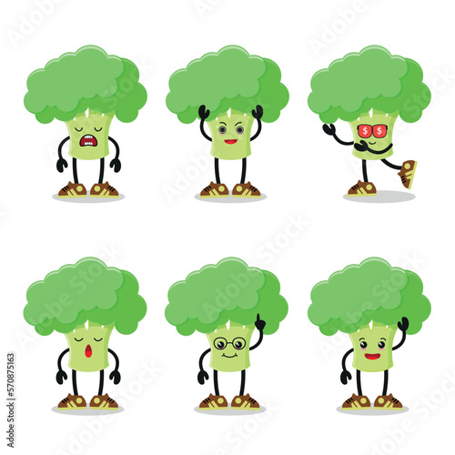 cute broccoli cartoon character different pose activity vector illustration. Vegetable with many face expression emotion. 