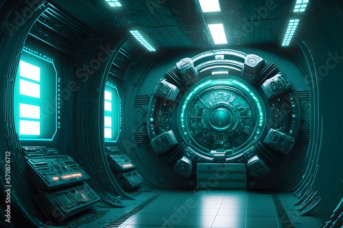 Interior of teal particle collider. modern and futuristic design