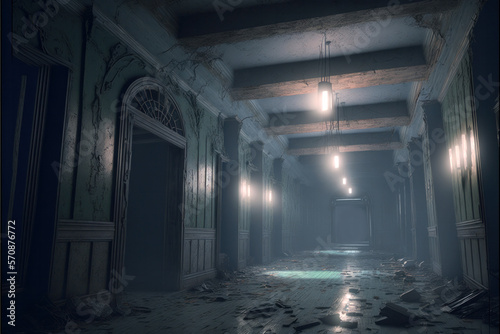 Semi dark corridor in an abandoned house, filled with rubble and supernatural fog. Generative AI illustration