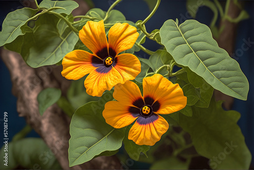 Thunbergia, a close-up of a yellow black-eyed susan vine plant, Generative AI photo