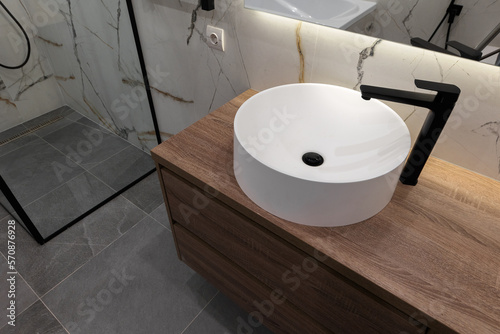 white sink in the interior of a new apartment in the bathroom