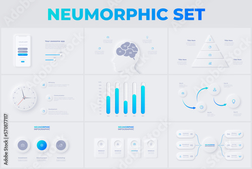 Set of light neumorphic infographic slides. Business data visualization for presentation. Unique neumorphism design set.