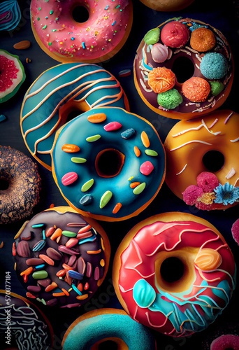 Generative AI painting background. Close up view of sweet, vibrant, diverse glazed with topping colourful doughnuts