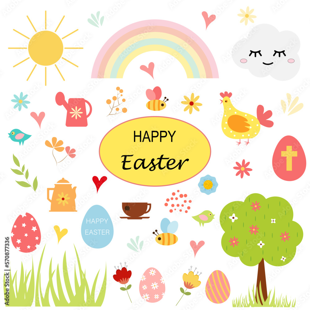 Vector collection of illustrations on the theme of Easter. Easter egg, tree, bee, cross, flowers, text. Vector collection of illustrations on the theme of Easter. Easter egg, tree, bee, cross, flowers, text.