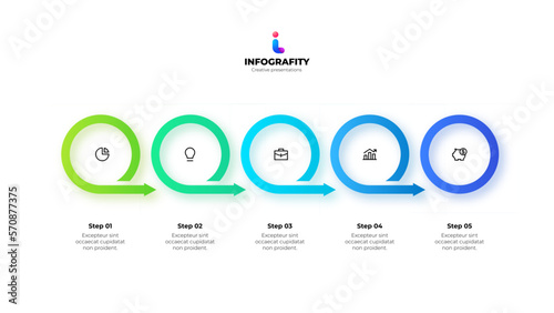 Modern infographic design template. Five elements placed in horizontal row. Concept of 6 stages of marketing strategy.