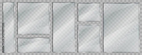 Set glass plate on transparent background, clear glass showcase, realistic window mockup, acrylic and glass texture with glares and light, realistic transparent glass