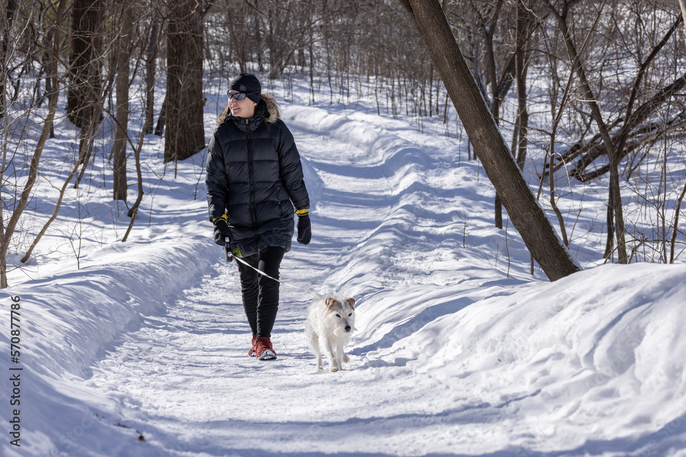 Femme promenant son chien dans le Parc-nature de l'Île-de-la-Visitation