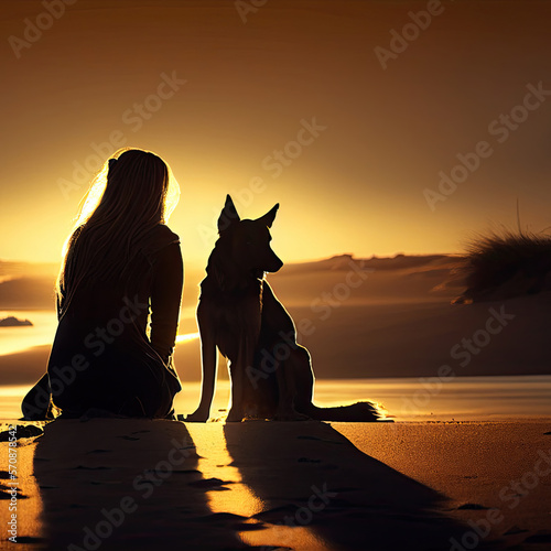 silhouette of a woman and a dog at the beach during sunset, generative ai