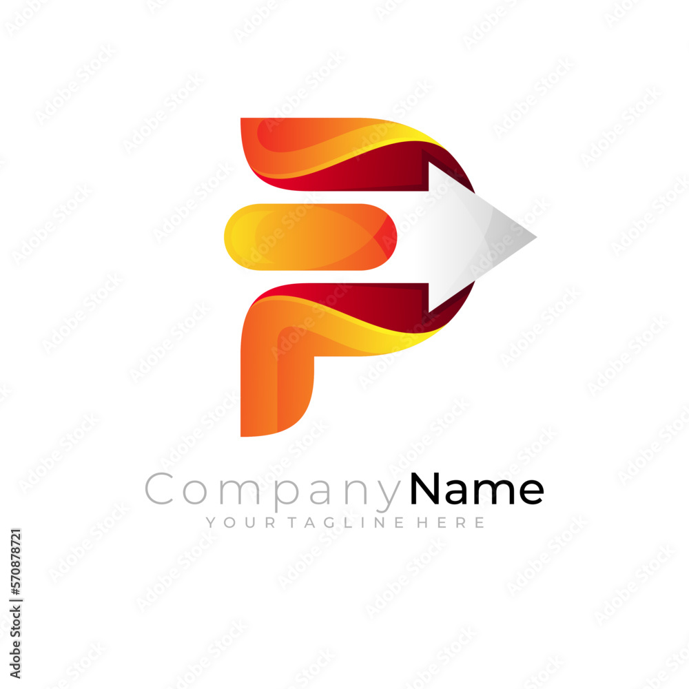 Arrow logo and letter P design, orange color, 3d - obrazy, fototapety, plakaty 