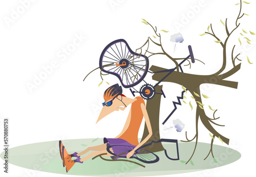 Cyclist man smashed into a tree. 
Upset cyclist sitting near the broken bicycle. Isolated on white illustration
