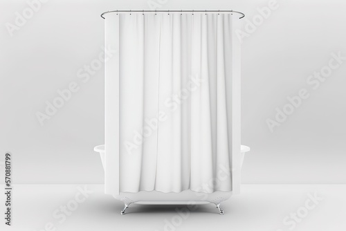 White shower curtain in bathtub over white background. Mock up, copy space, branding. 3D render. Generative AI Illustration photo