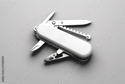 Swiss army knife over gray background. Monochrome 3D render. Generative AI Illustration