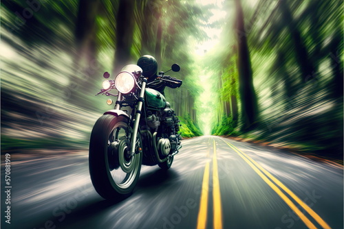 motorcycle driving through the forest on country road  Made by AI Artificial intelligence