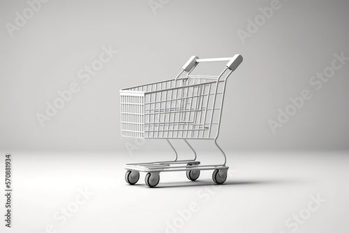 White empty shopping cart over white background. Monochrome 3D render. Generative AI Illustration