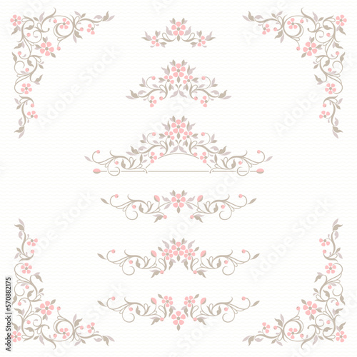 Set of floral borders and corners.  Classic decorative element with pink flowers