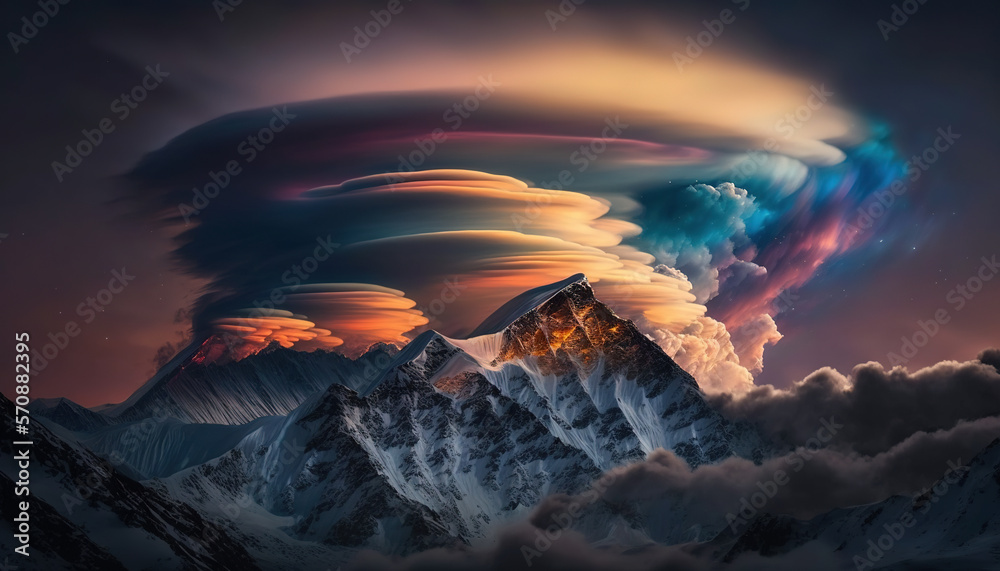 Iridescent clouds with long exposure  on the top of the mountain, Generative AI