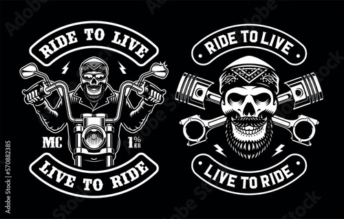 Set of a vector biker patch with skeleton on a motorcycle