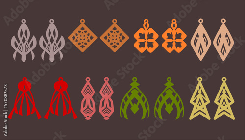 A collection of Earrings templates with geometric and abstract shapes. Isolated stencils pattern suitable for handmade work, laser cutting and printing. Jewelry Template.