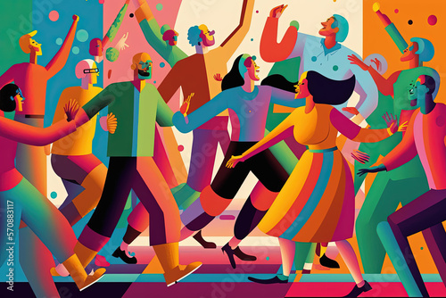Stylish young people dancing in nightclub, colorful, flat design