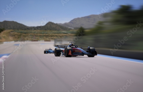 Tracking long lens shot of red modern generic sports racing car driving fast on a track. Realistic 3d rendering © supamotion