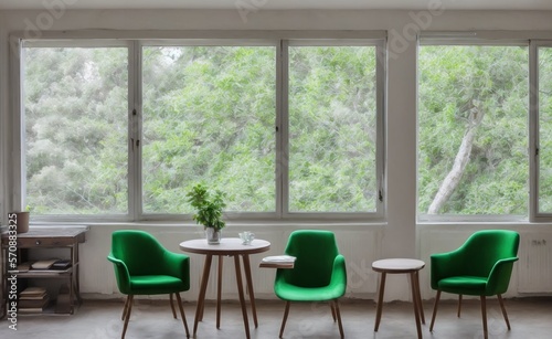 Comfortable room with three green chairs and table  living room