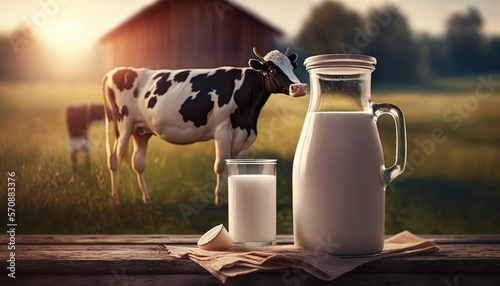 milk bottle with glasses of milk with farm background, generative Ai photo